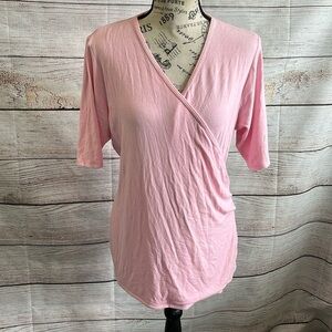 Magaschoni Ribbed Short Sleeve Shirt Faux Wrap Pink Size Large